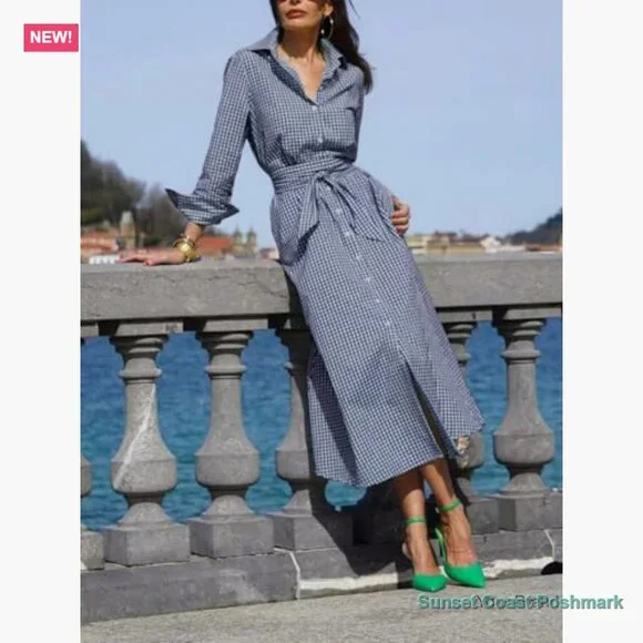 Retro Gingham Plaid Cotton Maxi Shirt Dress Navy White Belted Button Front New - Picture 2 of 3